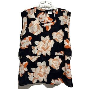 CAbi Blossom Floral Blouse Office navy & orange Sleeveless sz Small